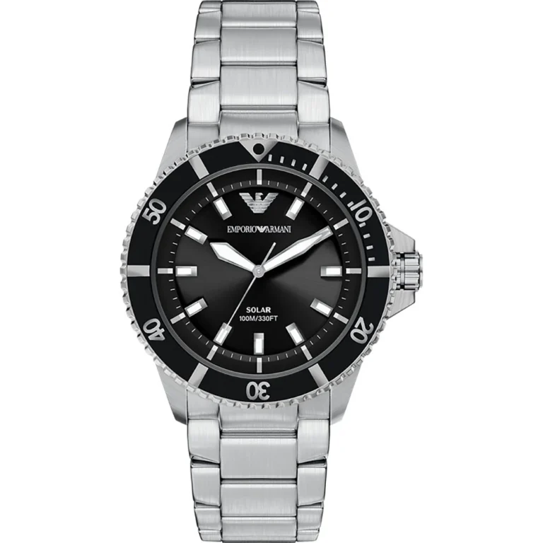 Emporio Armani AR11787 Herrenuhr Chronograph mit schwarzem Zifferblatt und silber-schwarzem Edelstahlarmband Frontansicht