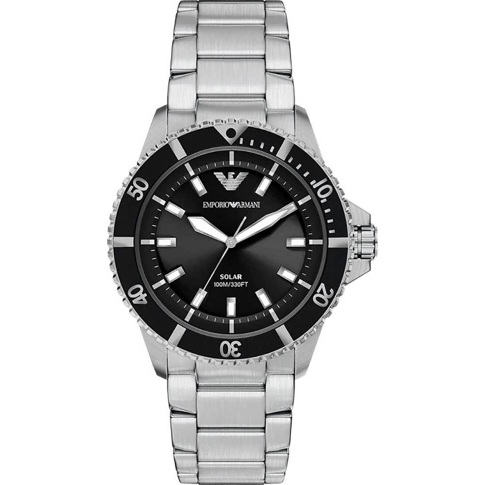 Emporio Armani AR11787 Herrenuhr Chronograph mit schwarzem Zifferblatt und silber-schwarzem Edelstahlarmband Frontansicht