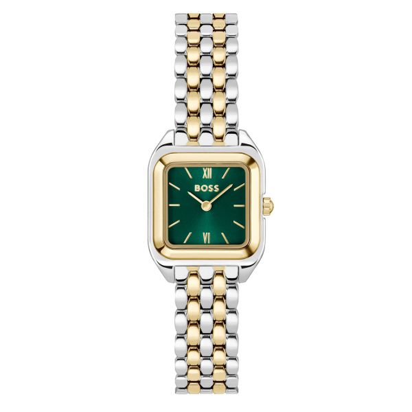 Hugo Boss HB1502822 Signature Damen-Armbanduhr Bicolor Silber Gold mit Kristall-Indizes Frontansicht