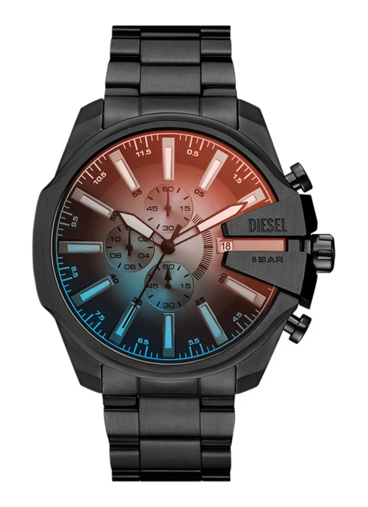 Diesel Spiked DZ4689 Herren-Chronograph Edelstahl Silber mit blauem Zifferblatt Frontansicht