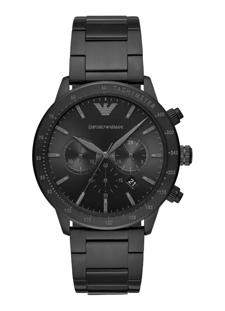Emporio Armani AR11242 Mario Herren-Chronograph Roségold mit schwarzem Zifferblatt und Lederarmband Frontansicht