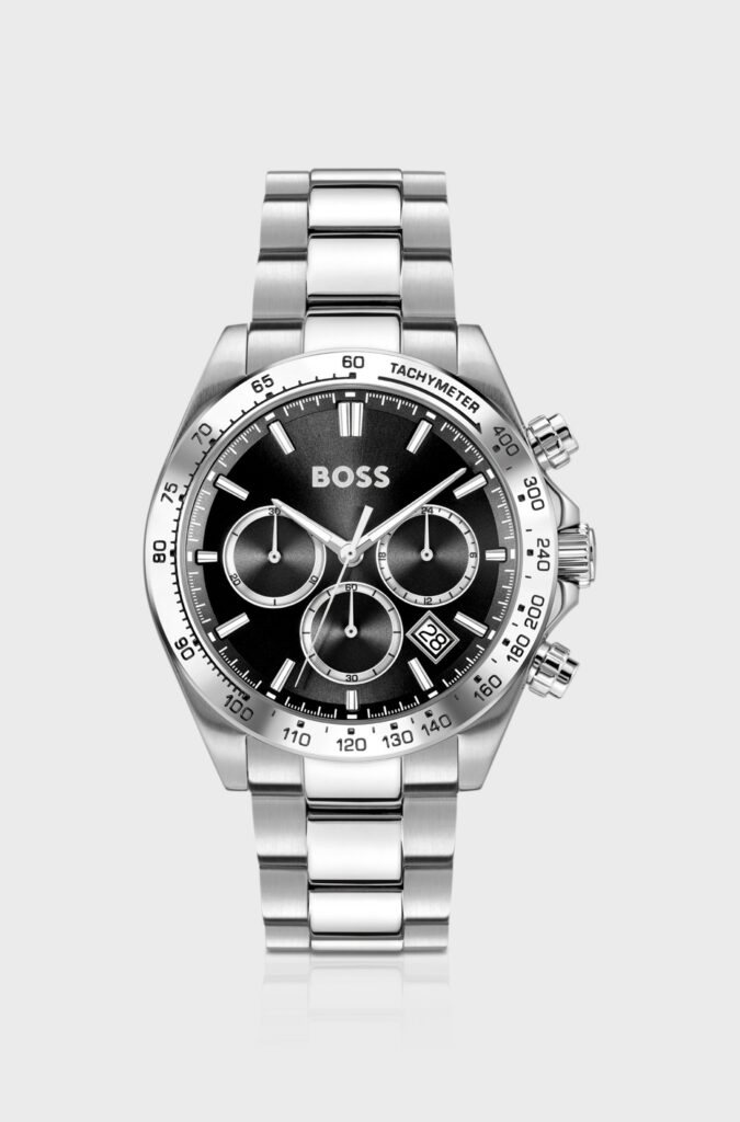 Hugo Boss HB1512965 Ikon Herren-Chronograph Edelstahl Silber mit schwarzem Zifferblatt Frontansicht