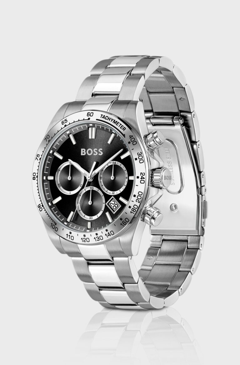 Seitenansicht der Hugo Boss HB1512965 Ikon zeigt die markante Krone und Chronographen-Drücker