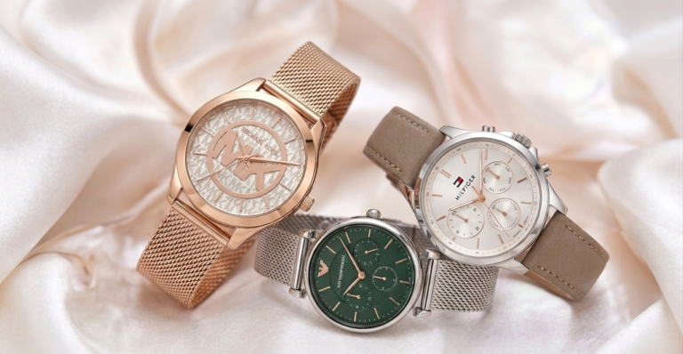 Elegante Luxus-Damenuhren von Michael Kors, Tommy Hilfiger und Hugo Boss in Roségold und Gold.
