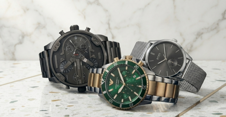 Robuste Luxus-Herrenuhren von Diesel, Armani und Hugo Boss auf einem industriellen Hintergrund mit Zahnrädern.